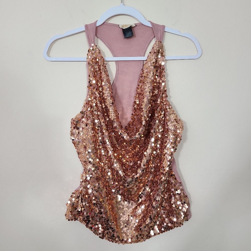 Y2K Glam Pink Sequin Cowl Neck Tank Top Barbiecore Clubwear Womens Size‎ Large